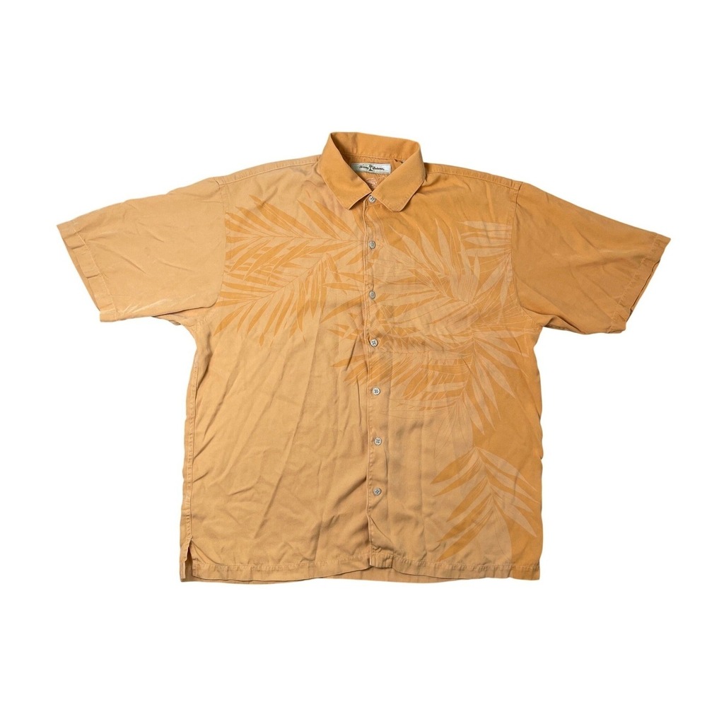 Tommy Bahama Button Up Shirt Men XL Orange 100% Silk Palm Leaf Hawaiian Tropical